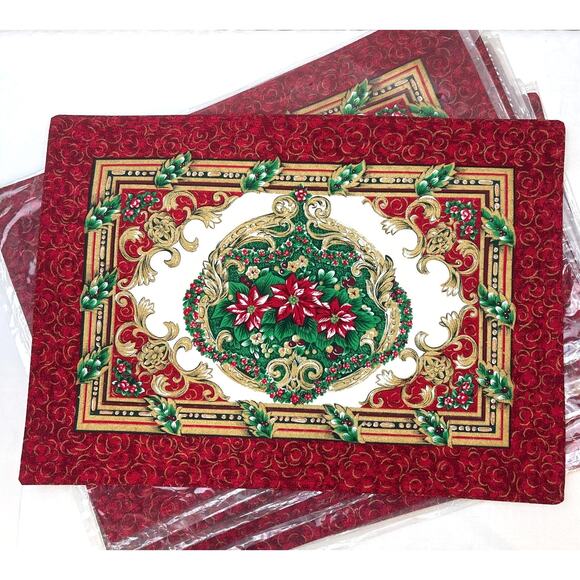 Vintage ‘Grand Holiday’ Fabric Placemats Set of 7 Holiday Manor Made in Taiwan - Picture 2 of 7